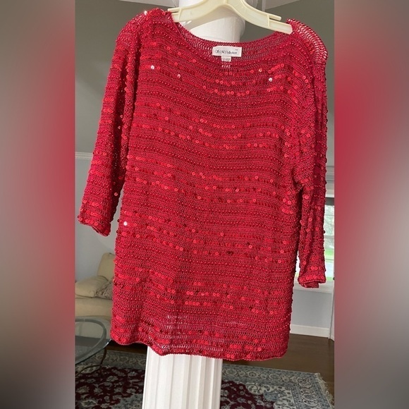 S.M  collection women’s Vintage Red sequins and beads crochet blouse size IX - Picture 1 of 6